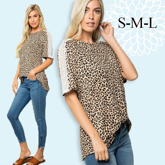 Leopard Print Tee with Lace Detail on Sleeves - Picture 1 of 7